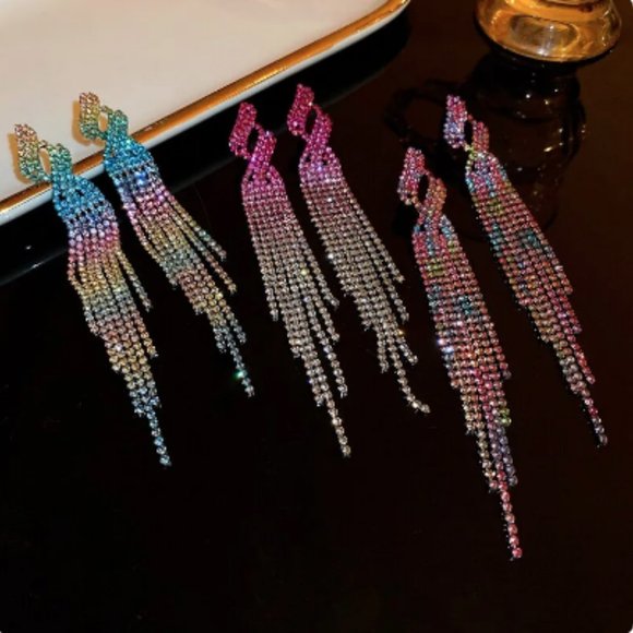 🍏50% OFF/3+...Colourful Rhinestone Tassel Earrings - Picture 1 of 5